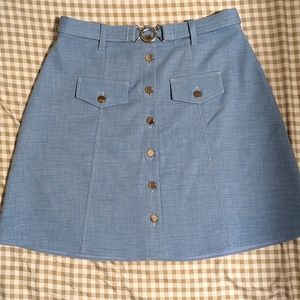 MAJE Silver button up belted skirt, Sky Blue, Size 40